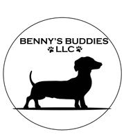 Silhouette of a dachshund inside circle.